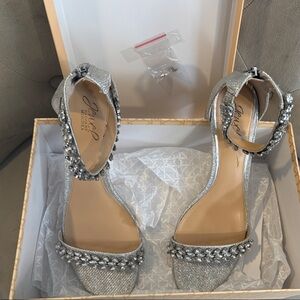 Jewel Badgley Mischka Silver Jeweled Ankle-Strap Heels